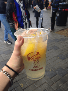 Lemonade in a cup adorned with a tiny anthropomorphic wiener. Excellent.