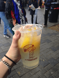 Lemonade in a cup adorned with a tiny anthropomorphic wiener. Excellent. 